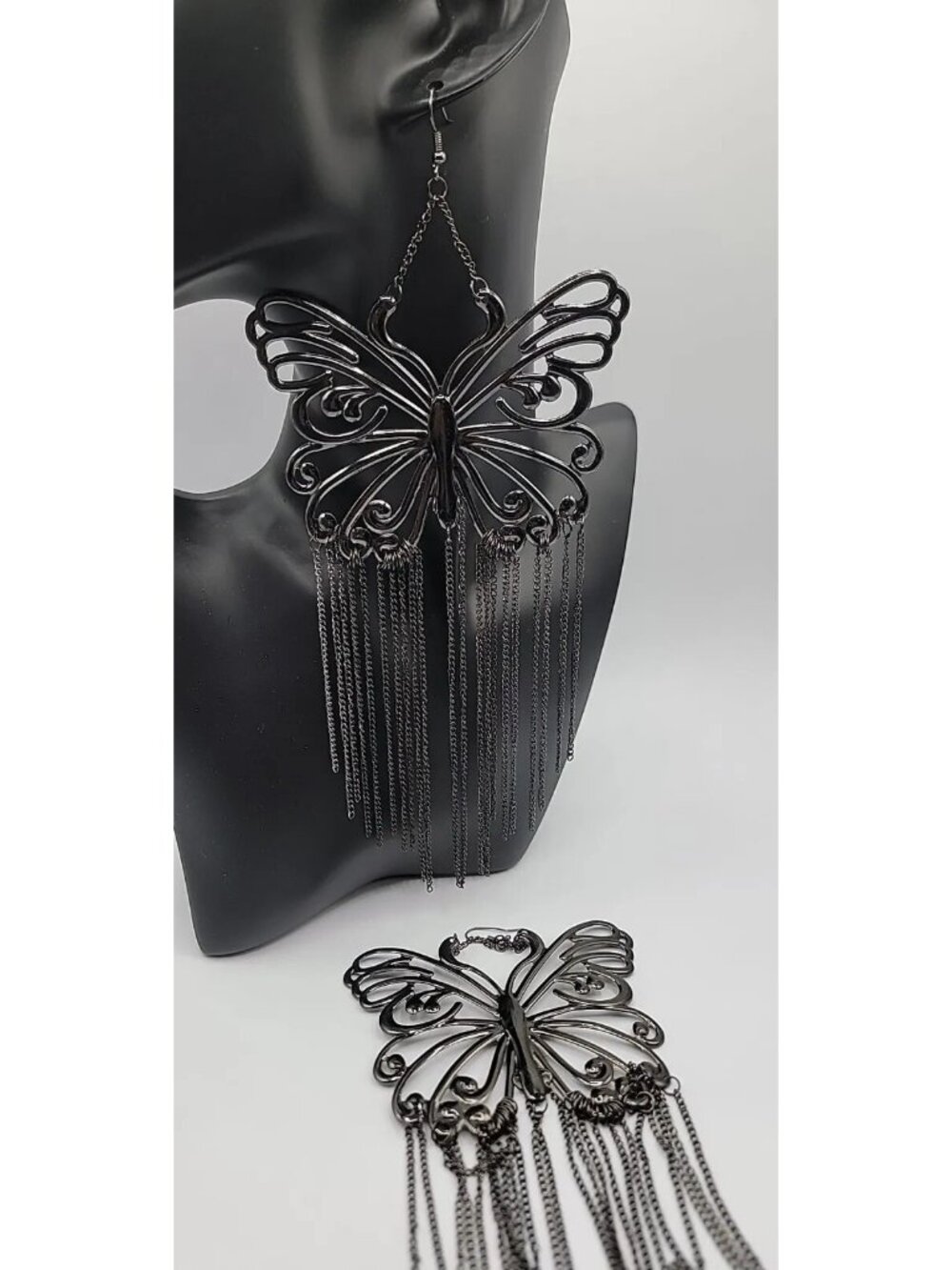 XXL Butterfly Runway Earrings Black Butterfly Tassel Statement Dangle Hooks  8"+